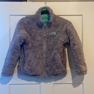 The North Face girls small 7/8 reversible mint puffer and gray fuzzy winter coat